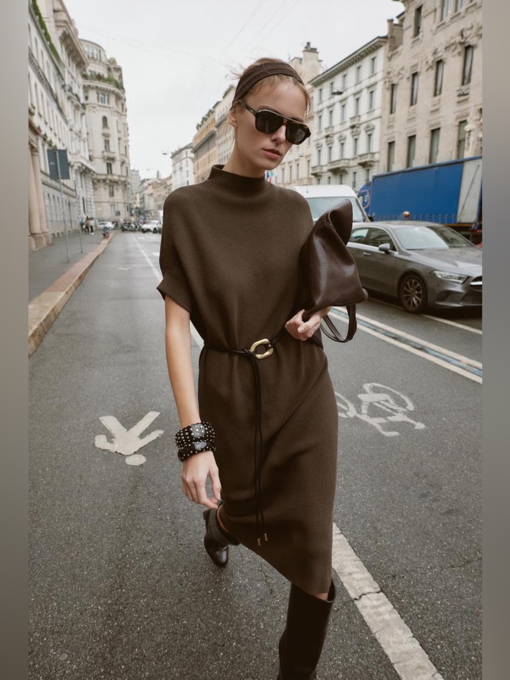 NWT. Zara Mink Knit Loose-Fitting Belted Midi Dress. Size L. - Picture 2 of 11
